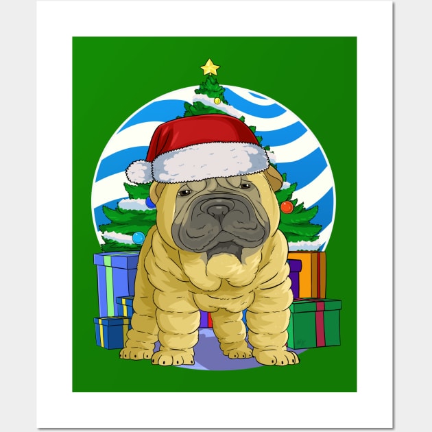 Chinese Shar-Pei Dog Cute Santa Christmas Gift Wall Art by Noseking